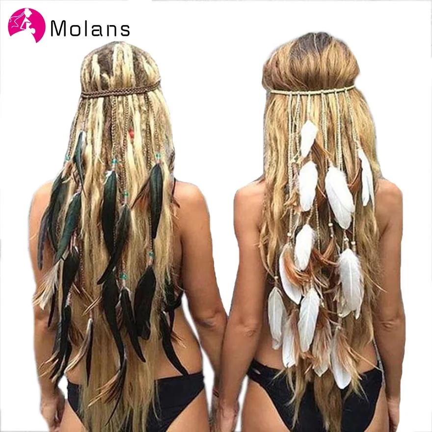 

Molans Boho Headdress Solid Feather Headband Elastic Gypsy Festival Headband Natural Feather Fashion Fancy Headpiece 1970s