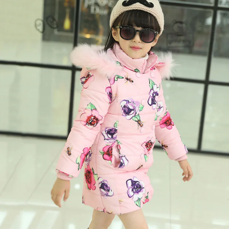

New New Fsahion Winter Long Tench Coat for Girls Flower Medium-long Children Clothing Cotton-padded Jacket with Fur Hood