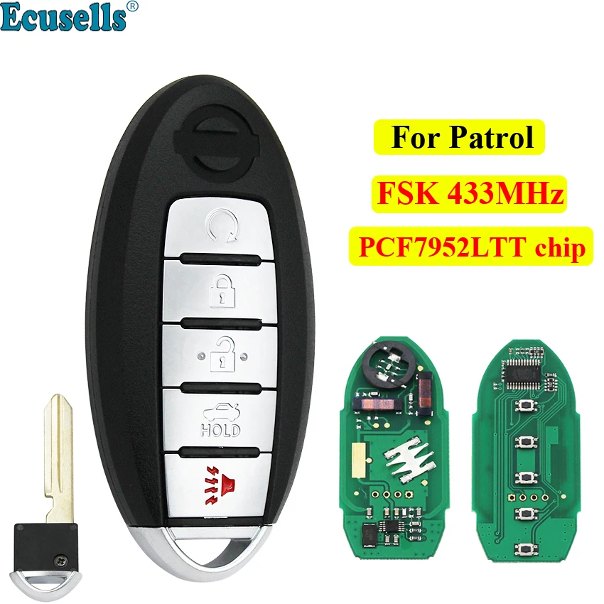 5 пуговицы smart remote key 4+ 1 кнопка FSK 433 МГц PCF7952LTT чип для Nissan Patrol с аварийным ключом