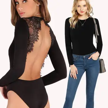 

Women's Long Sleeve Backless Stretch Lace Up Bodysuit Blouse
