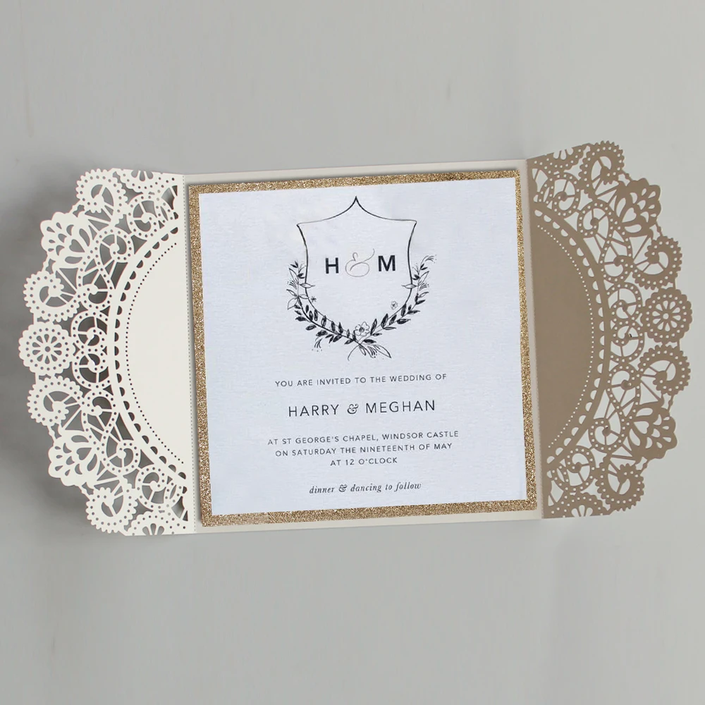  Lace Wedding Invitations Customized Invitations Unique Invitation Cards with Gold Liner - Set of 50 - 32877960232