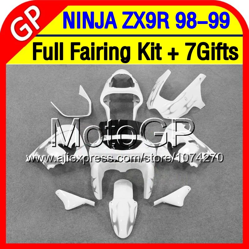 7 подарки Серые пламя + Кузов Для KAWASAKI NINJA ZX9R 98-99 98 99 ZX-9R ZX 9R 9 R P1622 Белый серый ZX9 1998 1999