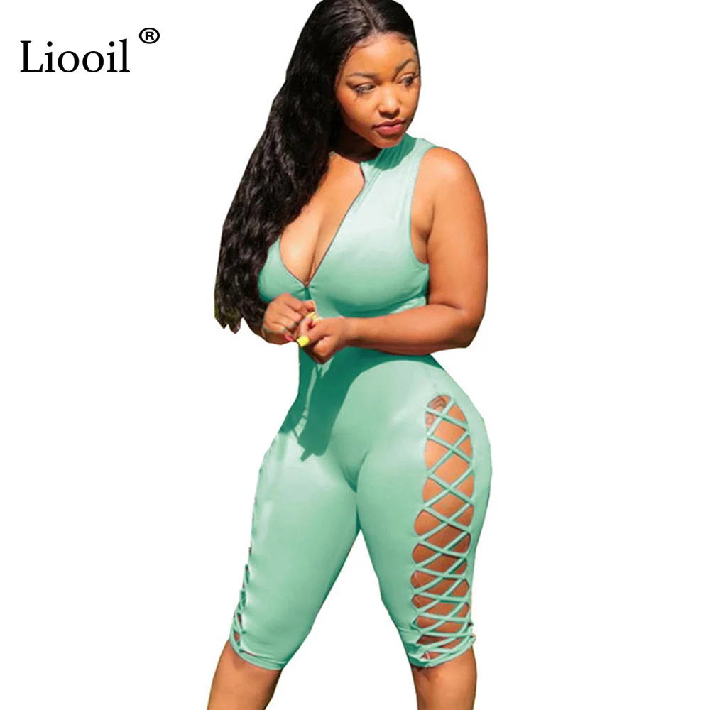 

Liooil Sexy Tracksuit Tight Jumpsuits For Women 2019 Sleeveless Lace-Up Party Club Zip Rompers Womens Jumpsuit Bodycon Overalls