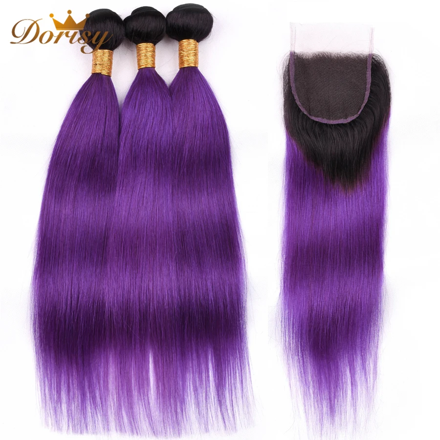 T1b фиолетовый Ombre перуанский прямые волосы Связки с закрытием человеческих волос пучки с закрытием кружева закрытия с Пучки Волос Remy