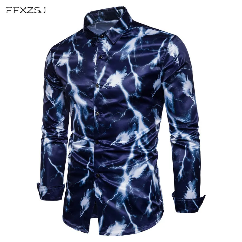 

Male 2018 New Men'S Long-Sleeved Dress Shirt Men'S Lightning feather printing Casual Slim Lapel Male Quality Large Size S-XXL