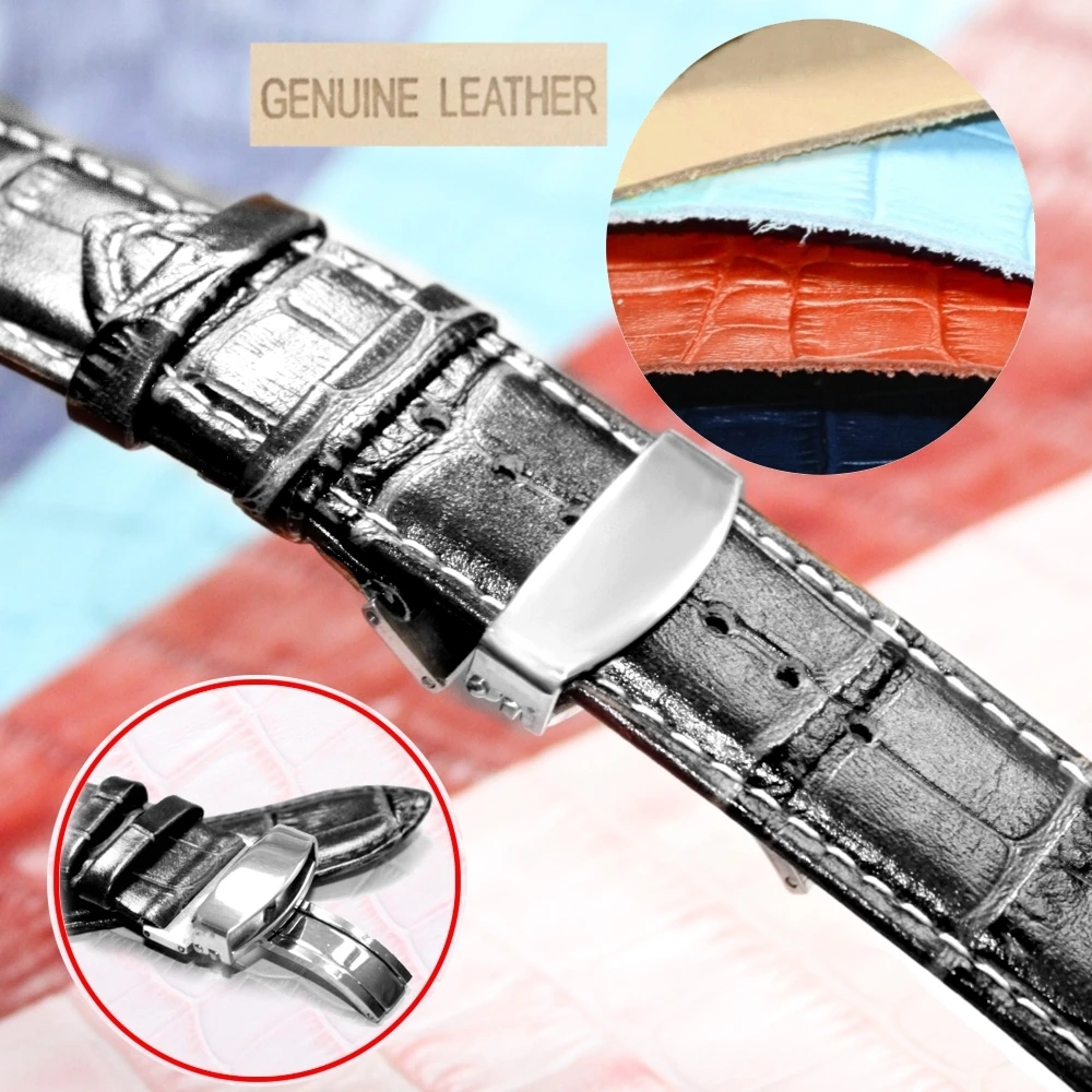 

24mm Smart Black Stitch White All Genuine Leather Unisex Watch Band Straps WB1037C24GB