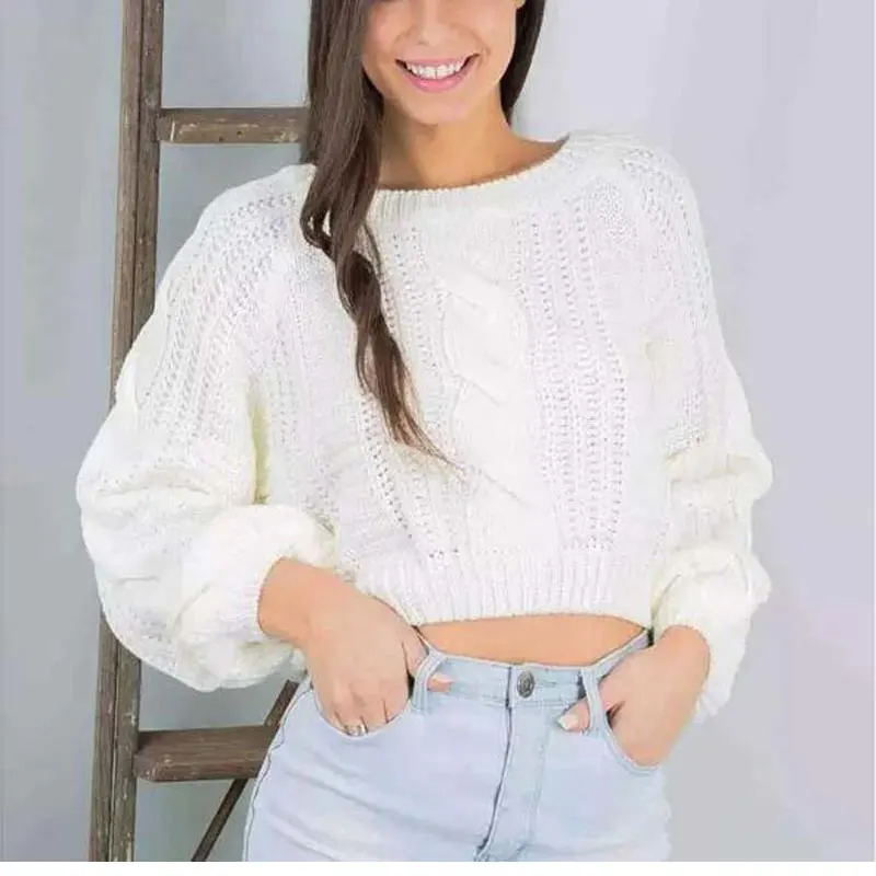 Autumn Short Knitted Sexy Sweater Women Pullover Crop Tops Winter White Lantern Sleeve O-Neck Warm Sweaters Female Pullovers | Женская