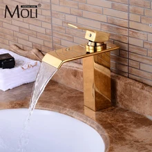 Luxury Gold Bathroom Sink Faucet Waterfall Basin Mixer Tap Hot and Cold Water Tall Faucets luxury led light waterfall basin sink faucet tap dual handle widespread bathroom tub sink mixer with hot and cold water