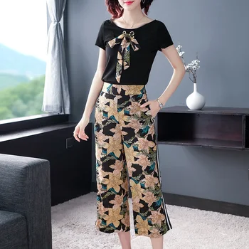 

Pant Suits Women New 2019 Summer Fashion O neck short sleeve bow t shirt + Ankle-Length Print Pant 2 piece set hot sale