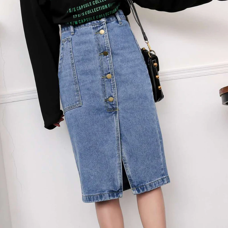 

New korean Fashion Split Denim Skirts Womens Chic High Waist skirt Summer Spring Jeans Skirt Sexy casual midi skirt 2019