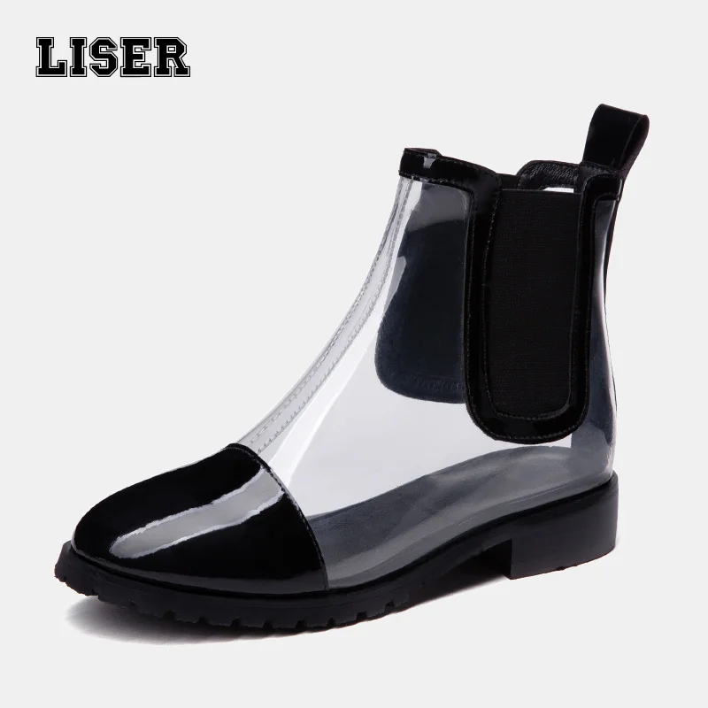 

2019 new Non-waterproof transparent PVC designer ankle boots female elastic band patent leather round toe Chelsea shoes woman