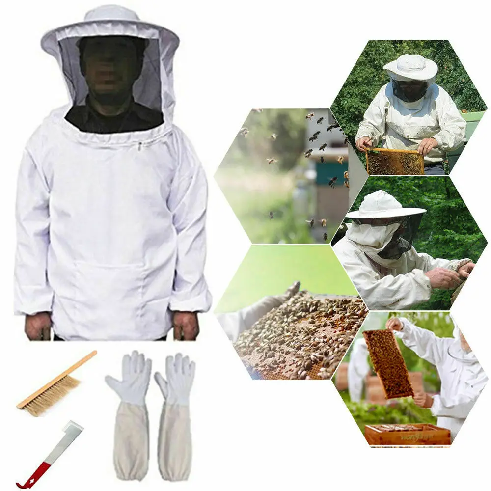 

4pcs Beekeeping Suit Coat Pull Over Bee Protective Suit Clothing Smock with Veil J Hook Hive Set, Gloves, Bee Brush Tool Equip