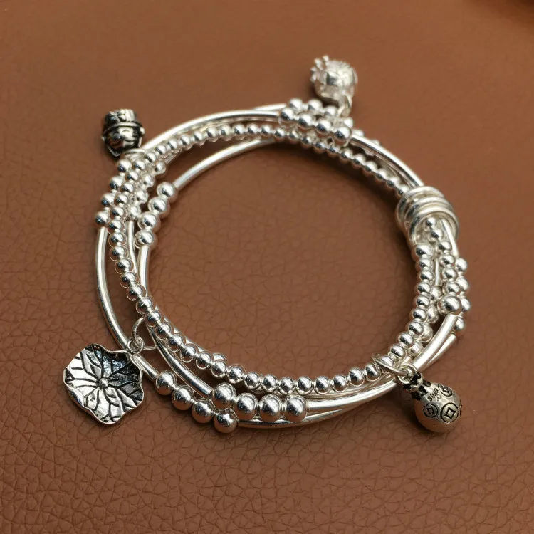 Ручной работы 925 серебряный браслет из бусин тайский серебряный бисерный обруч браслет на удачу очаровательный бисерный женский браслет