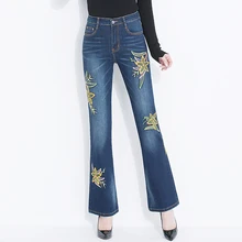 Осень Лето Повседневные женские вышитые цветы стрейч отбеленные расклешенные джинсы брюки, женские весенние тонкие синие джинсовые штаны