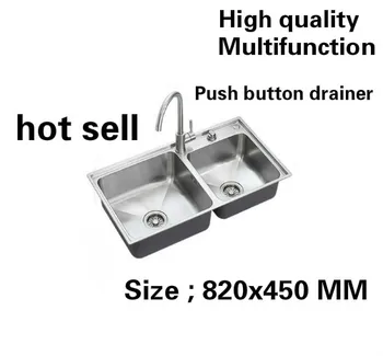 Online Free Shipping Apartment High Quality Kitchen Double Groove Sink Luxury Push Button Drainer 304 Stainless Steel Hot Sell 82x45 CM