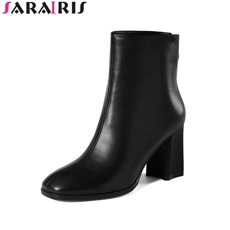 

SaraIris 2019 Spring Autumn Elegant Cow Leather Ankle Chelsea Boots Zip Concise Square Toe Women Shoes Large Size 33-43