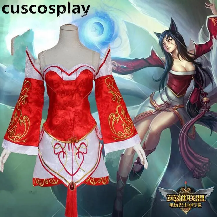 

Hot Game LOL The Nine-Tailed Fox Ahri Cosplay Costume whole set dress with wig+shoes+tail Cosplay Costumes