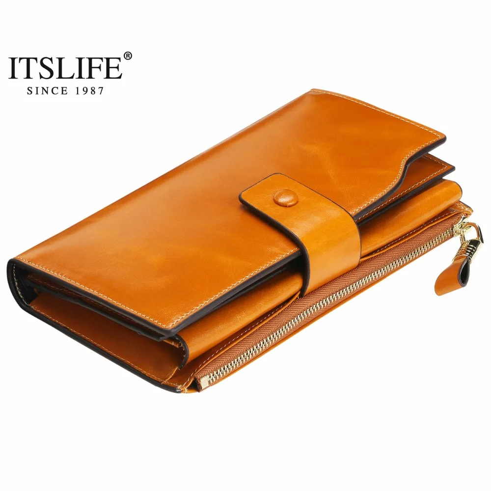 2018 Itslife Женская RFID Блокировка большой ёмкость Роскошные воск пояса из натуральной кожи клатч кошелек держатель для карт Организатор дамы - изображение