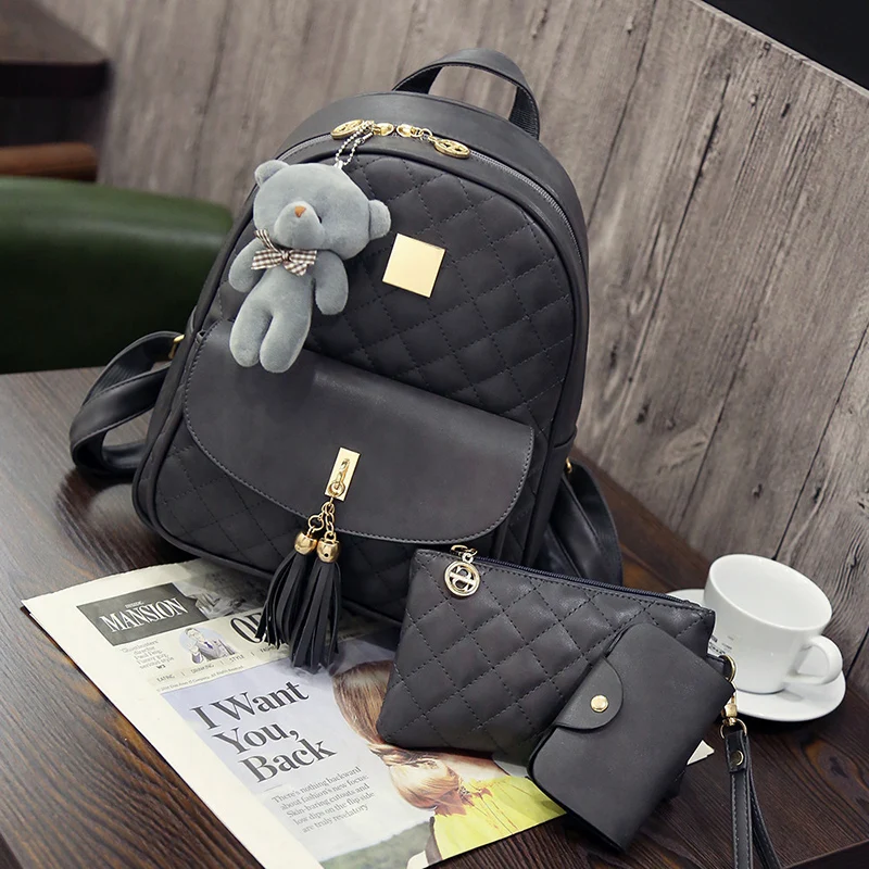 2018 New Shoulder Bags 3 Pcs Bear Tassel Backpack Women Bag Diamond Lattice School Bags for Girls Backpacks for Women  Sac A Dos (29)