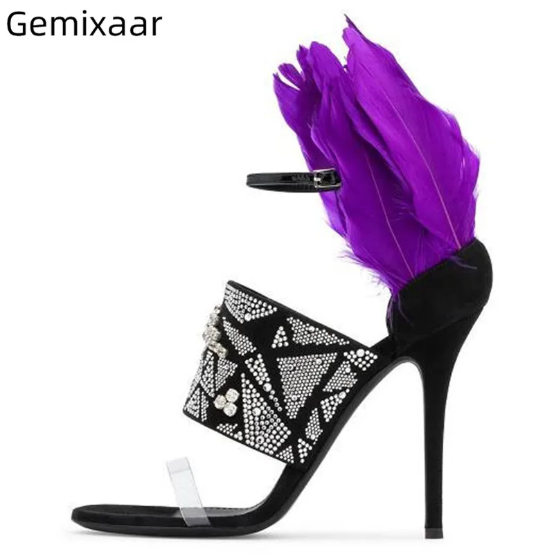

Purple Fur Shoes Woman One Strap Round Toe Slim Shallow Sandalias Thin Gladiator Heel Black Color Decor Crystal Woman Sandals