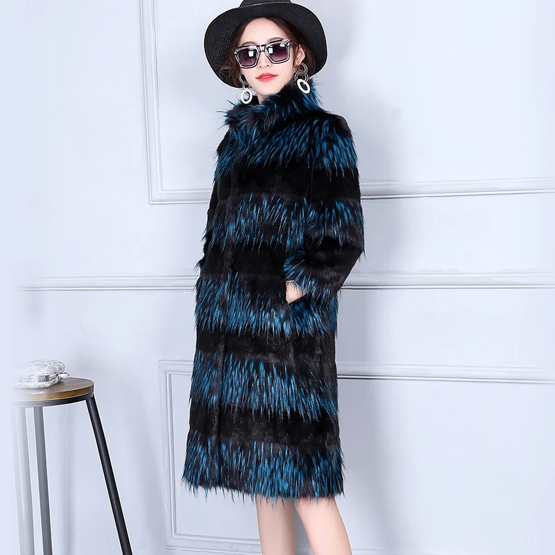 

New Arrival Women Winter Fashion Warm Blue Three Quarter Sleeve Mandarin Collar Full Pelt Thick Fake Fox Fur Coat XHSD-302