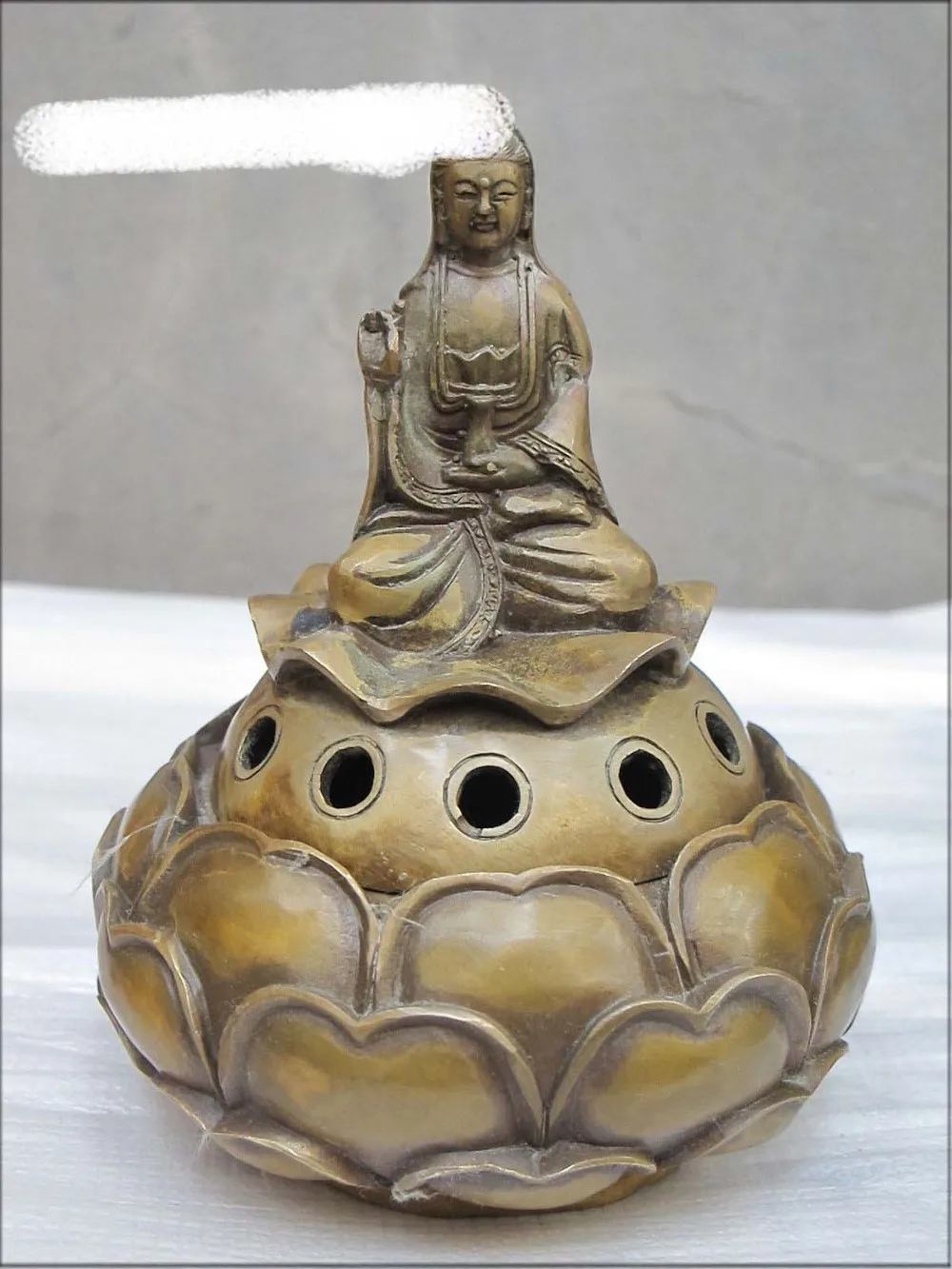 

Small China Bronze Kwan yin Quan yin Buddha Lotus flower pot incense burner