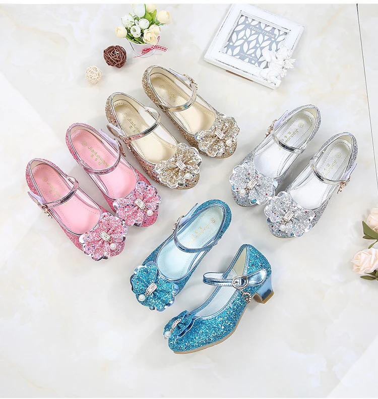 Girl Children Sequins High-heeled Dress Shoes Kids Spring& Autumn Butterfly-knot Party Wedding Princess Girls Shoes CSH814