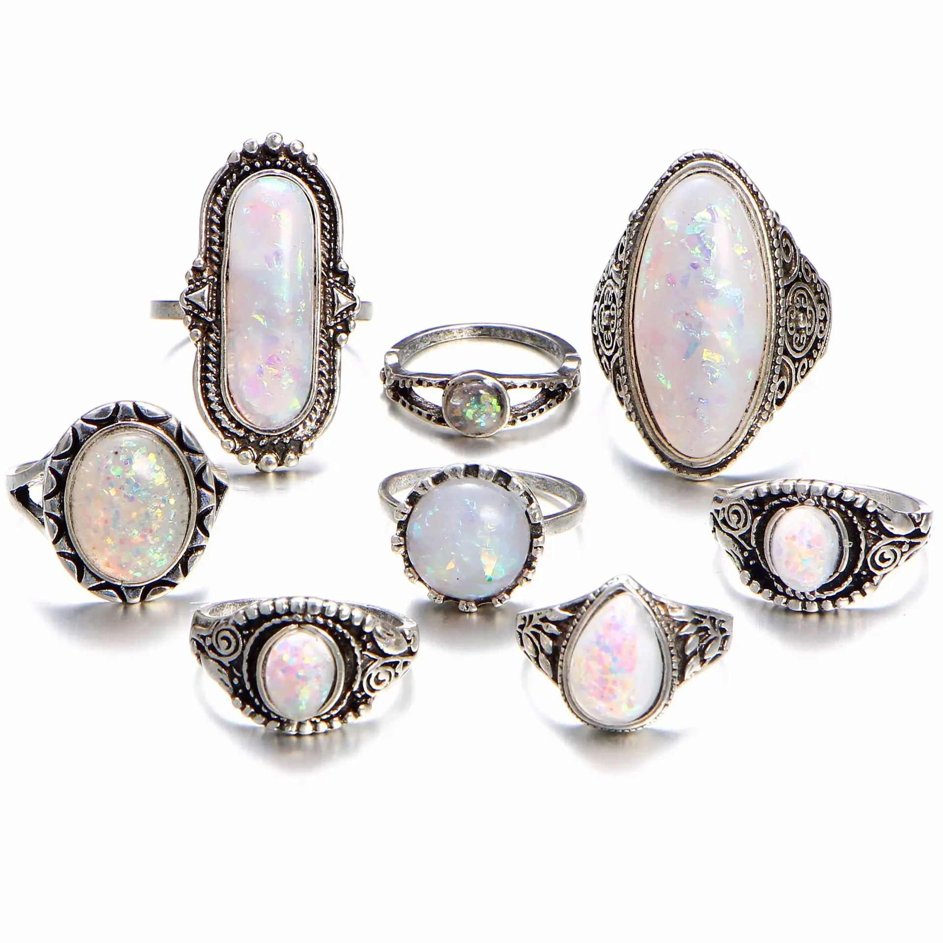 

BYSPT 8pcs/sets Bohemian Opal Ring Sets for Women Vintage Retro Silver Color Lotus Blue Crystal Rings Finger Jewelry 2018 New