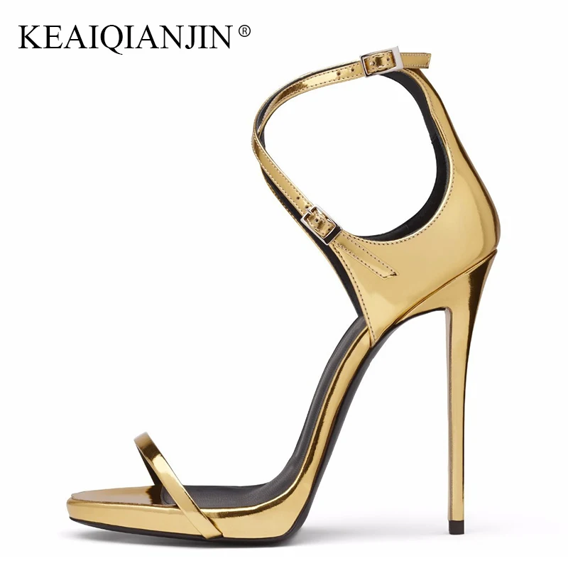 

KEAIQIANJIN Woman Peep Toe Golden Sandal 12 CM Sexy Fashion High Heels Shoes Plus Size 43 44 Summer Open Toe Party Sandals 2018