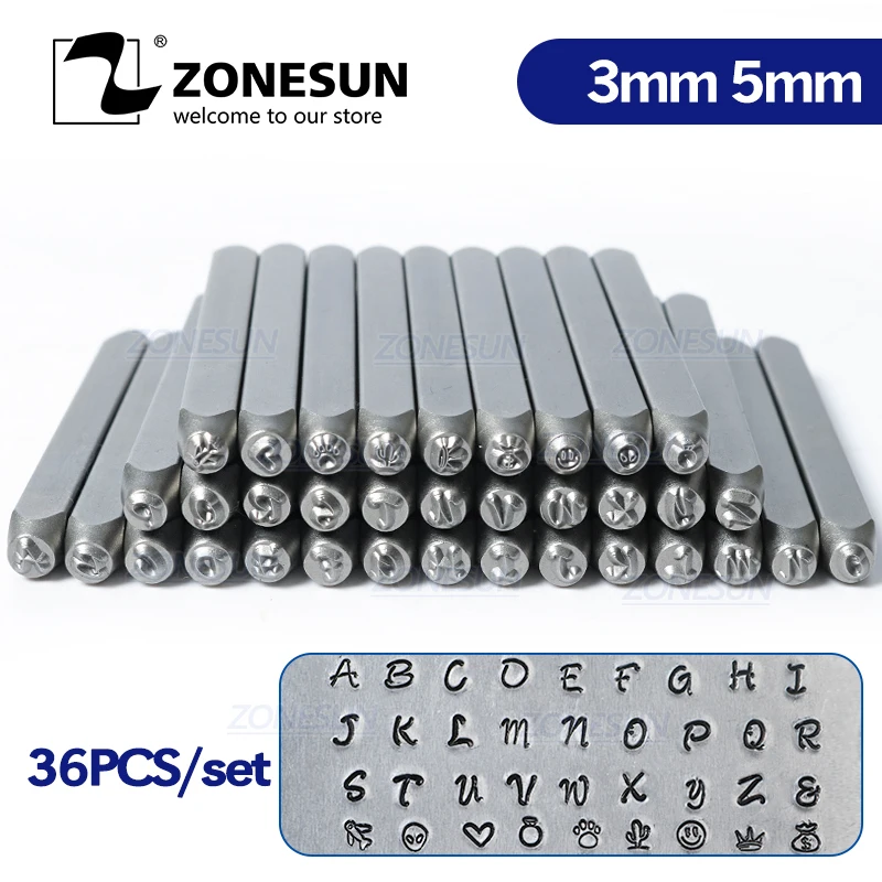 ZONESUN 36PCS Jewelry Metal Stamps Alphabet Set A-Z Heart Symbol Leather Punch Die Case Craft Stamping Tools Steel Metal