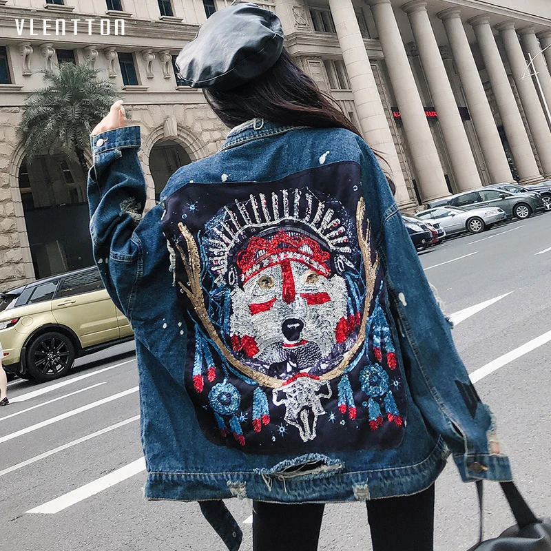

2019 New fashion Jean jacket Casual Sequins long denim jacket Long sleeve jacket women Spring autumn Pattern sequined coat