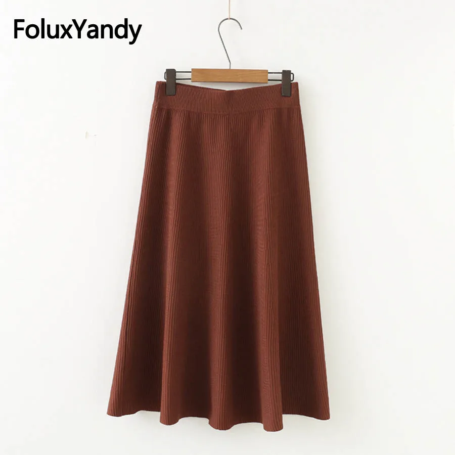 

Korean Style Solid Knitting Skirt A-line Loose Mid-Calf Autumn Winter Skirts Plus Size XXXL Brown Gray Black SWM1158
