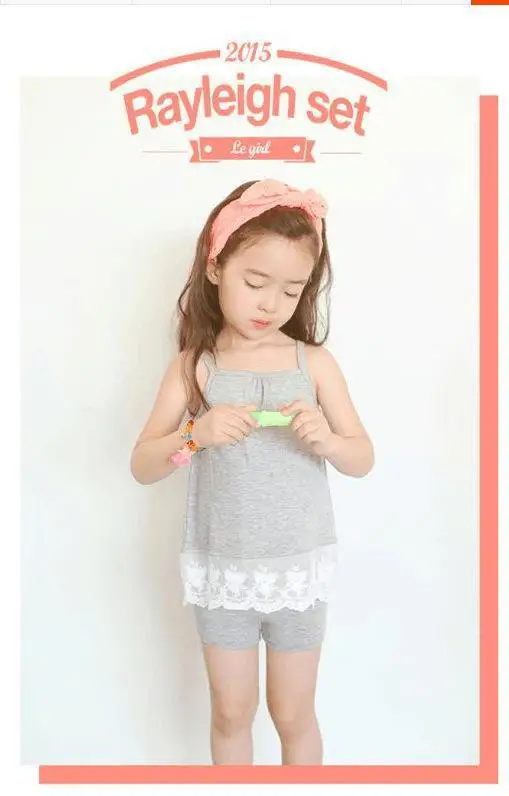  Fashion Europe and America style children outfits Suits grils sleeveless camisole lace tops Pure color shorts sets kids clothing ZAO481