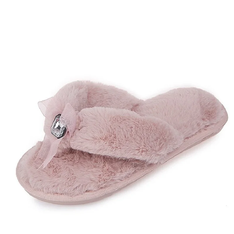 Soft Sole Women Fur Slippers Fluffy Flip Flop Plush Cute Lady House Slipper With Crystal Lace Flat Shoes Slide T1808010D | Обувь