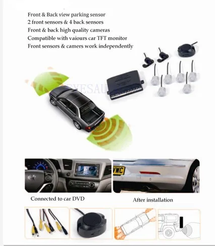 

video Car parking system 6 sensor and 2 camera on monitor/DVD,Sensor waterproof plug.1 camera front 1 rear 2 sensor front 4 back