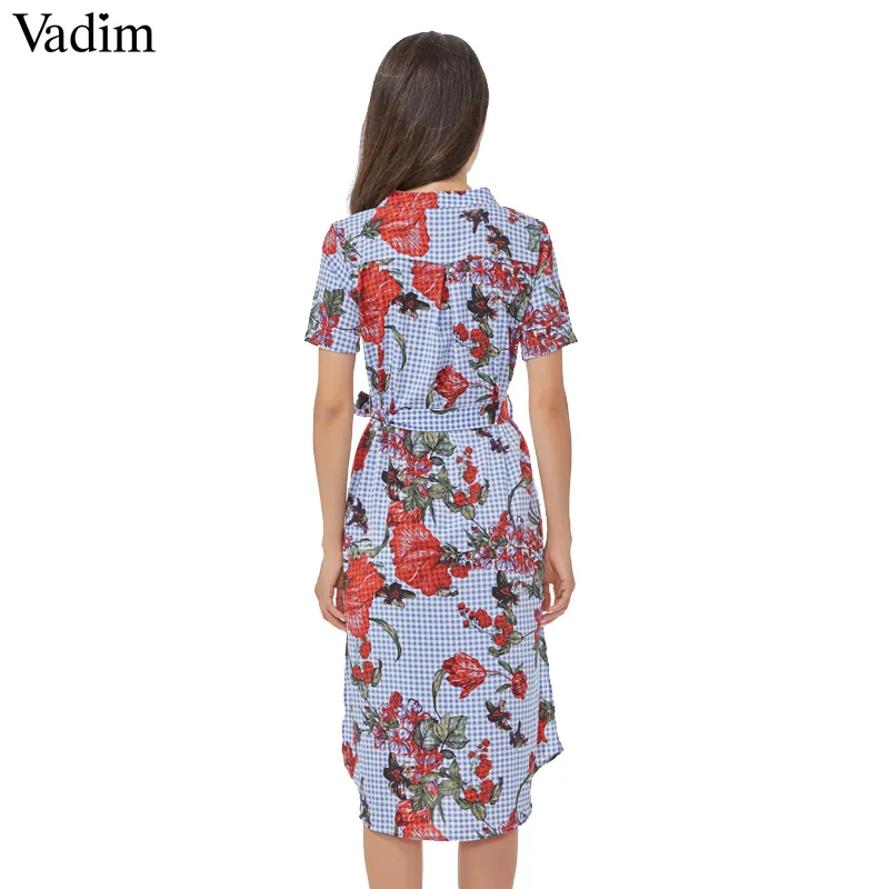 Vadim женское цветочное клетчатое платье с поясом с коротким рукавом v-образным вырезом винтажное летнее Повседневное платье до середины икры vestidos QZ3018