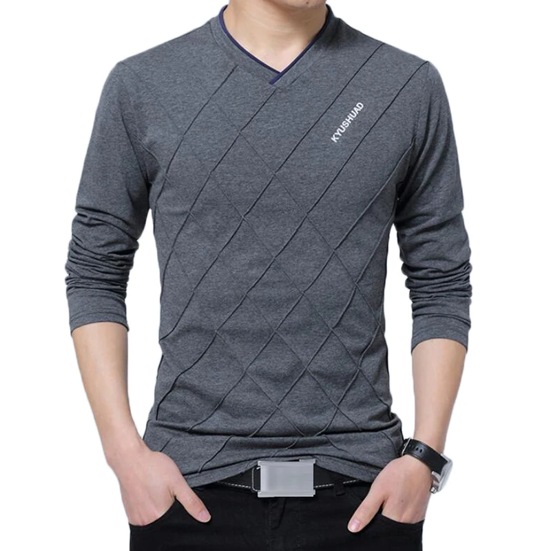 

Long sleeve T-shirt Mens Casual V-neck Stripe Design Cotton T Shirt Camisetas Men Fashion Spring Autumn Solid Color Tshirt