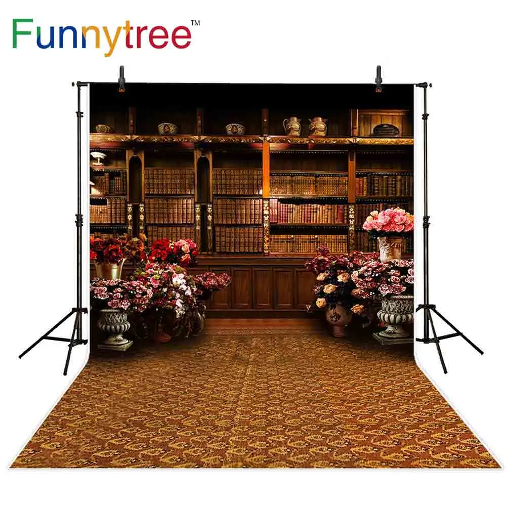 

Funnytree photophone backdrops vintage library bookshelf flowers damask photo studio background cloths photography photocall