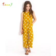 Повседневный комбинезон в горошек с завязками на талии для девочек; коллекция года; летние детские комбинезоны без рукавов с широкими штанинами; 6, 8, 10, 12 лет