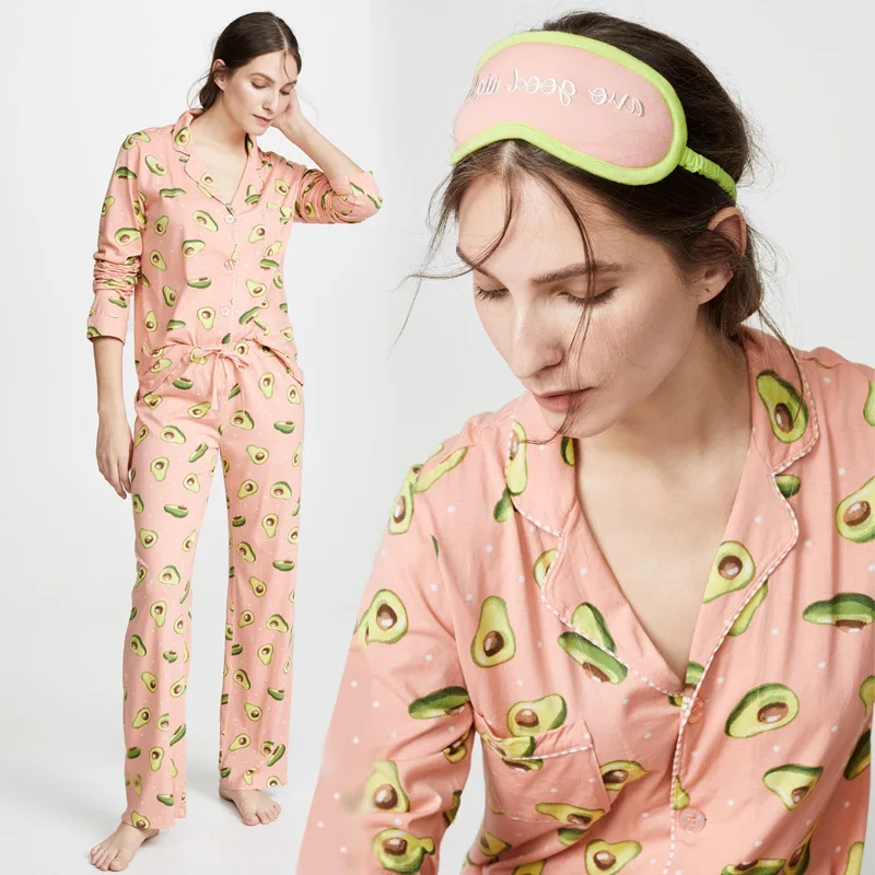 

Spring Avocados Printing Pajamas Lapel Loose Long Sleeve Pijamas Loungewear Women Sleepwear Cotton + Modal Pj Set Home Clothes