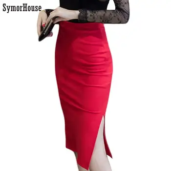 

Plus Size S-5XL Pencil Skirts Women High Waist Stretch Slim Office Elegant OL Skirts Female Slit Bodycon Casual Midi Skirts