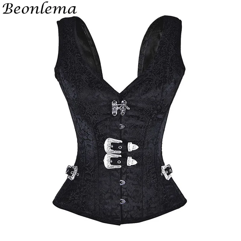 Beonlema Black Gothic Corset Sexy Bustier Embroidery Vest Tight Belt 12 Steel Bones Corset