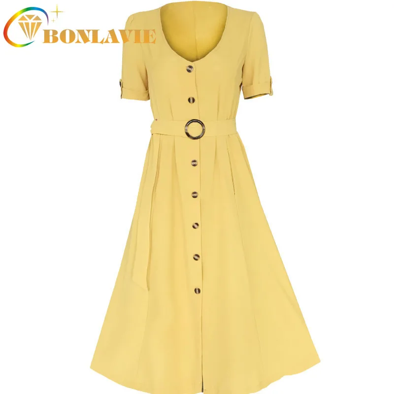 

Spring and Summer Clothing Vintage A-line Dress Mid-calf Length Empire Waist Short Sleeve V-neck Size S To XL Casual Dresses