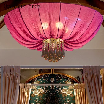 

Retro new Chinese Style Crystal lotus chandelier teahouse hotel living room Southeast Asia fabric pendant lamp free shipping