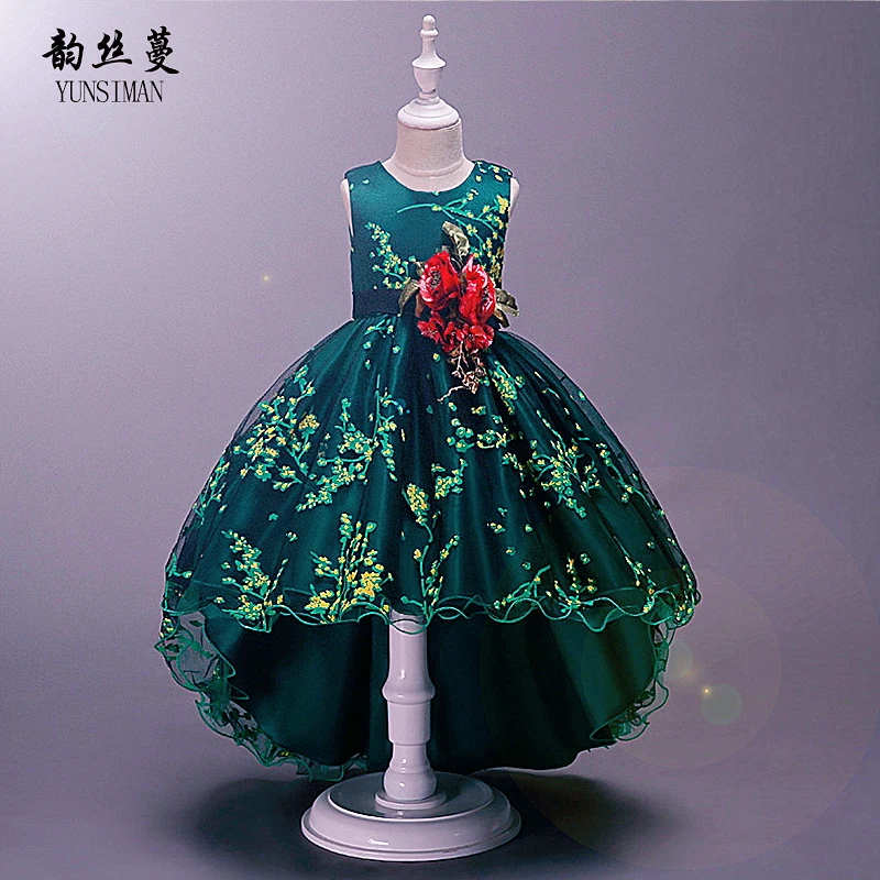 

Brand Girls Dress Summer 2019 Flower O-neck Green Red Tailed Party Dresses Girls Princess Costume for Big Girl 3 to 14 Year 3A1A