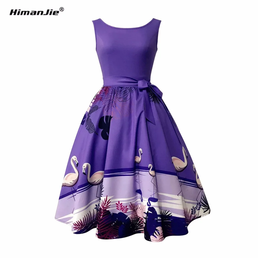 

Himanjie Women's Vintage Dress A-Line Style 2017 Summer sleeveless Flamingo Knee-Length Floral Print Women's purple Clothing