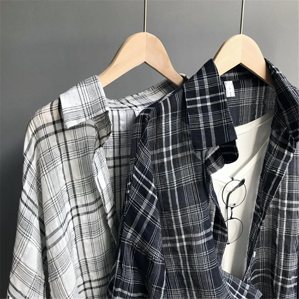  Wide Shoulder Plaid Women Blouses 2018 Autumn Linen Big Chest Plaid Shirts Loose Women Top Blusas Lantern Sleeve Clothing (7)