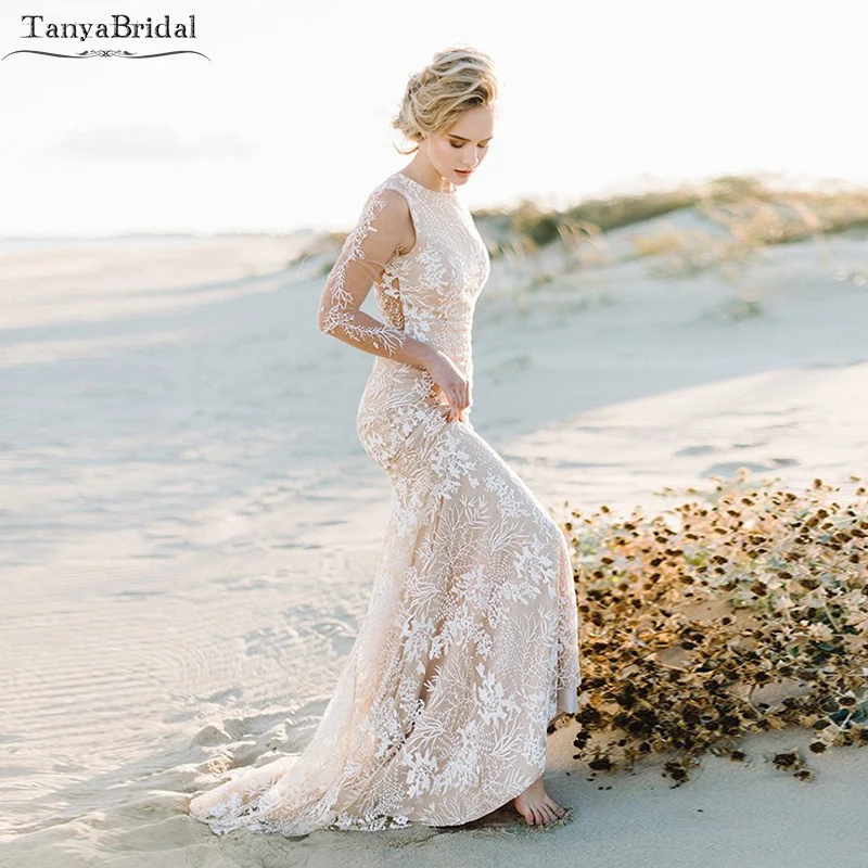 

Romantic Lace Mermaid Wedding Dresses Long sleeve Nude Champagne Lining Dreamy Bridal Gowns Boho Beach Vestido De Noivas DW105