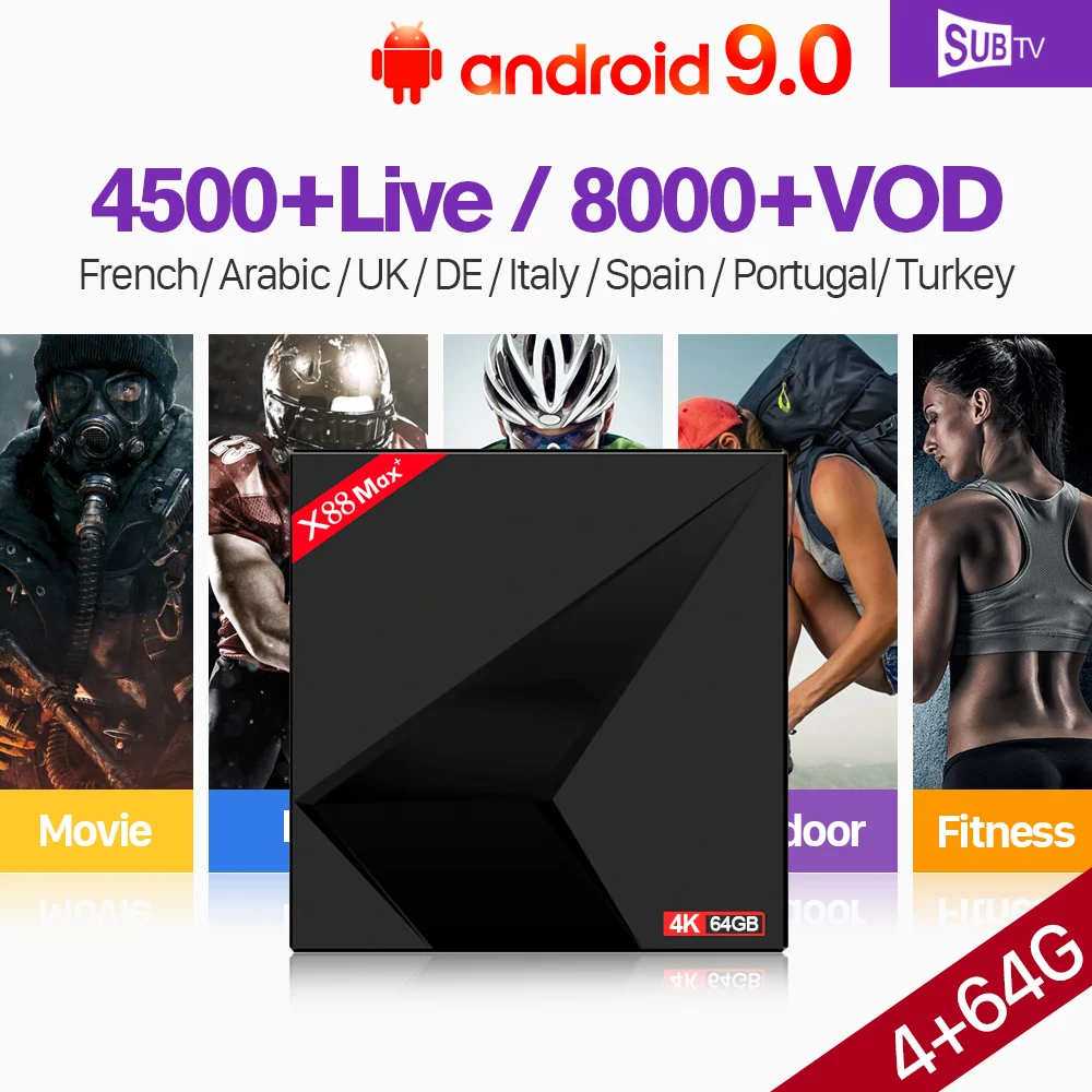 

X88MAX IPTV Box with 1 Year SUBTV French Arabic Portuguese IPTV Subscription 4G 64G RK3328 Android TV Box FULL HD 4K SUBTV IPTV