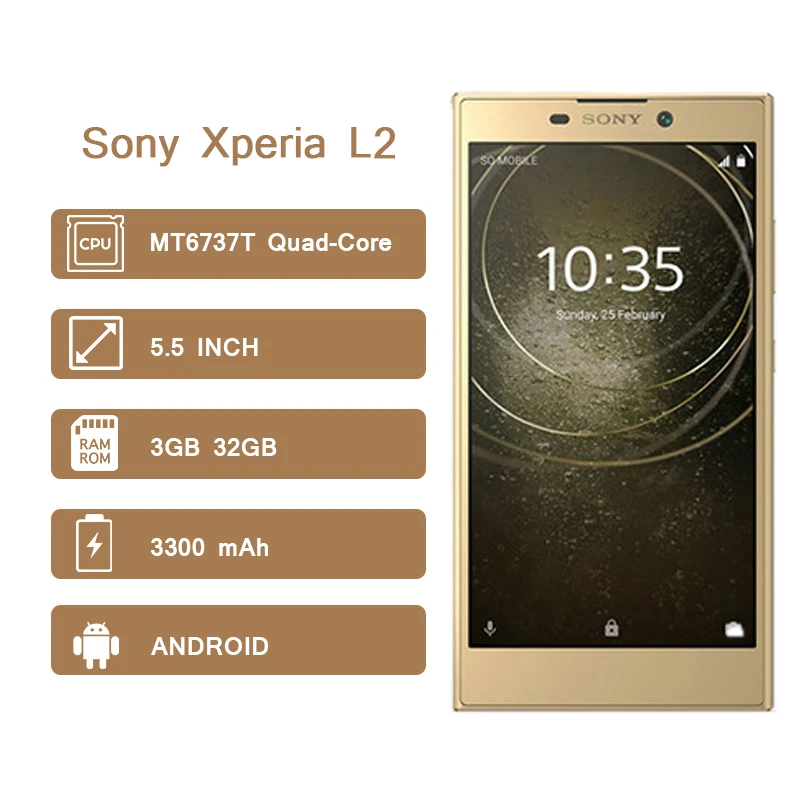 Смартфон sony Xperia L2 на Android, 3 ГБ ОЗУ, 32 Гб ПЗУ, четырехъядерный, 5,5 дюймов, 3300 мАч, Распознавание отпечатков пальцев, NFC, 4G, мобильный телефон